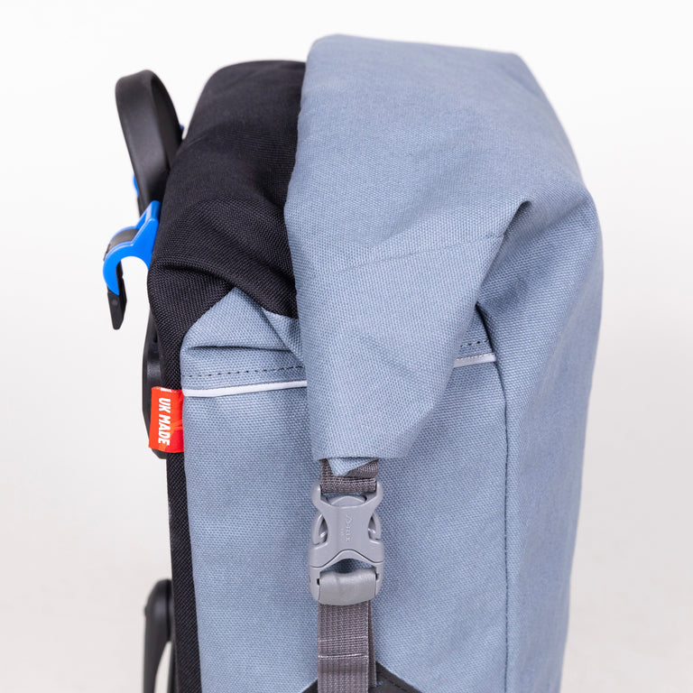 alpkit caledonian 25L pannier bag in storm grey buckle