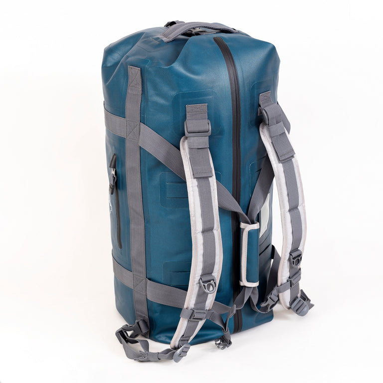 alpkit drydock 50L waterproof duffle bag gear bag in blue backpack