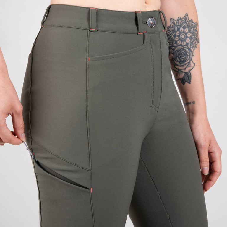 alpkit escapade womens walking trekking tights in thyme green zip pocket