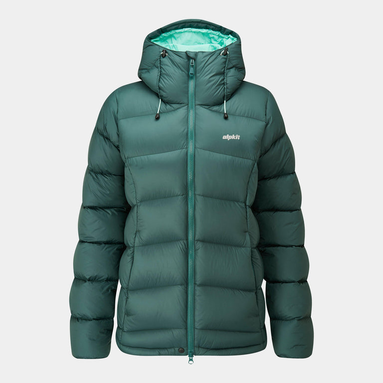 alpkit womens fantom down jacket in forest green - closed