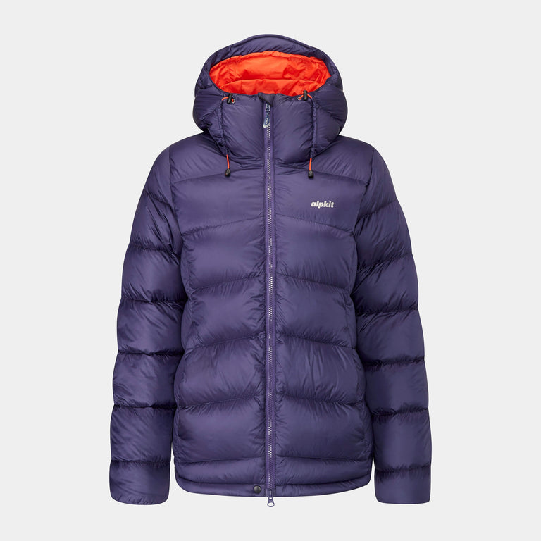 alpkit womens fantom down jacket in nightshade purple - closed