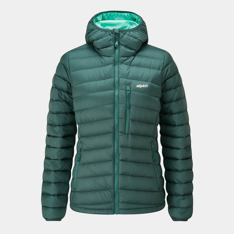 womens alpkit filoment hoody down jacket in forest green - closed