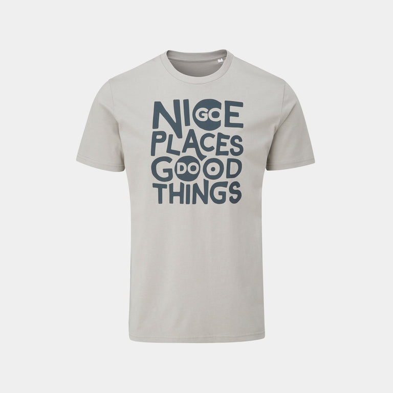 alpkit mens go nice places do good things tee GNPDGT tee in opal white grey - closed