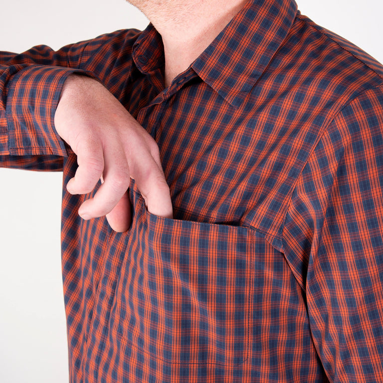 alpkit mens kana shirt for gravel riding in brick red pocket