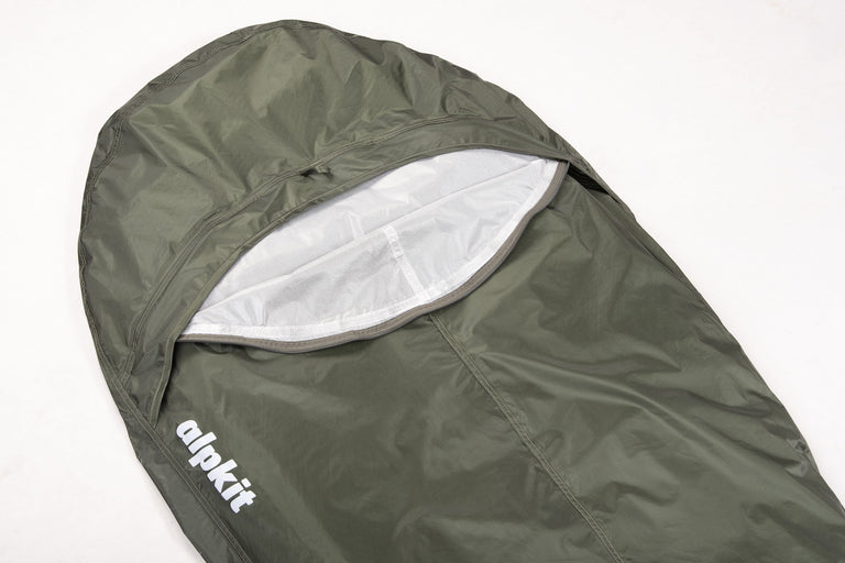 alpkit kloke lightweight bivy bag in kelp hood