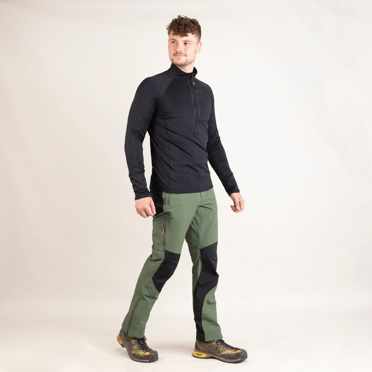 alpkit mens ardent softshell pants in alder green outfit