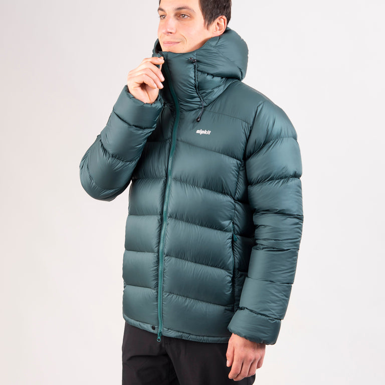 Alpkit mens Fantom hooded down jacket in forest green front - closed