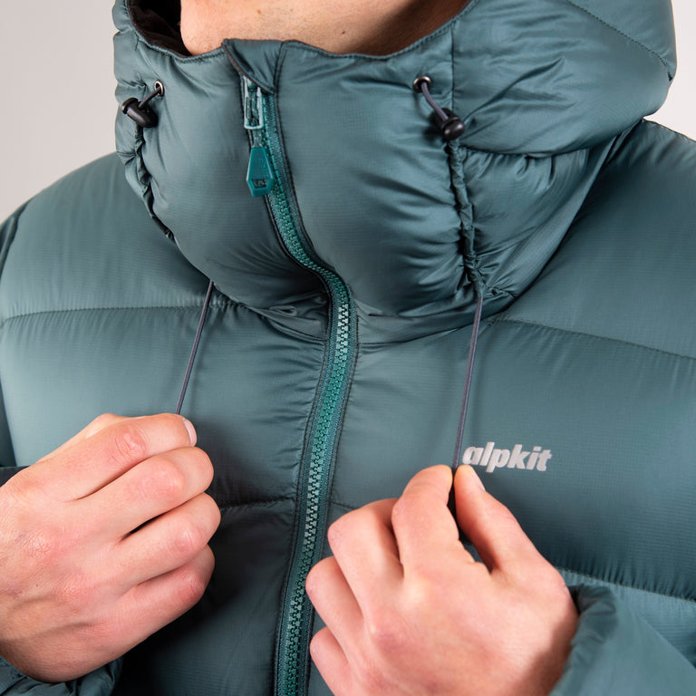 Alpkit mens Fantom hooded down jacket in forest green hood drawcord