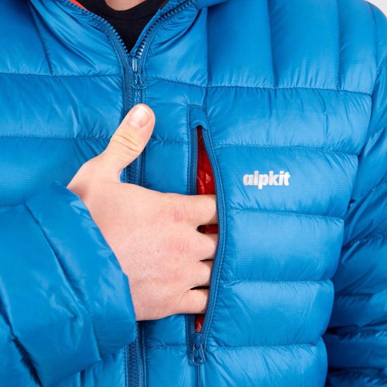 alpkit mens filoment hoody down jacket in reef blue chest pocket