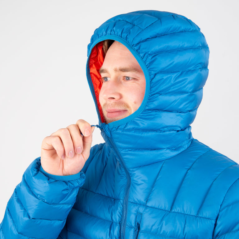 alpkit mens filoment hoody down jacket in reef blue hood