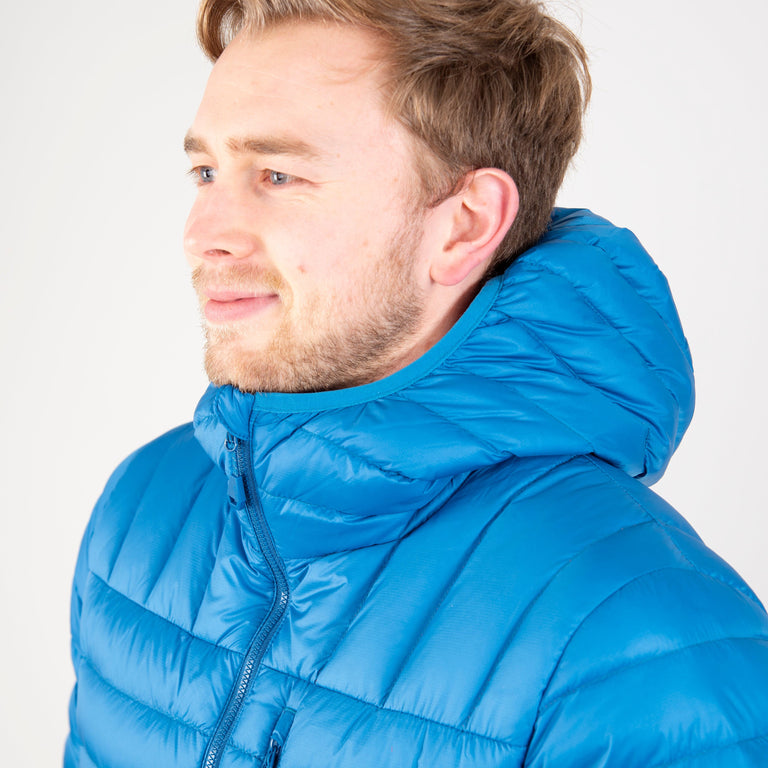 alpkit mens filoment hoody down jacket in reef blue collar