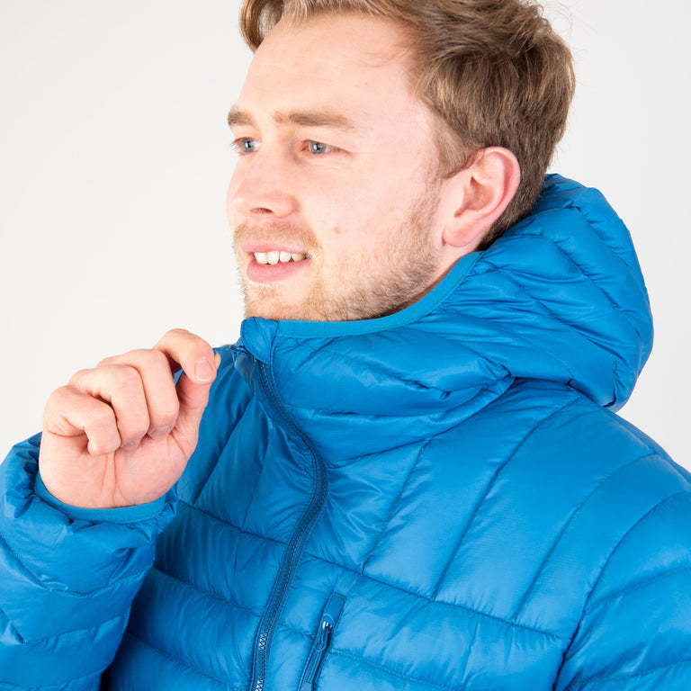 alpkit mens filoment hoody down jacket in reef blue zip - closed