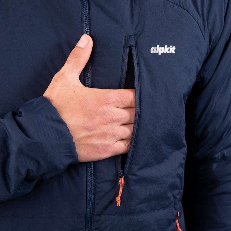 alpkit mens katabatic primaloft insulated synthetic jacket in outer space blue chest pocket