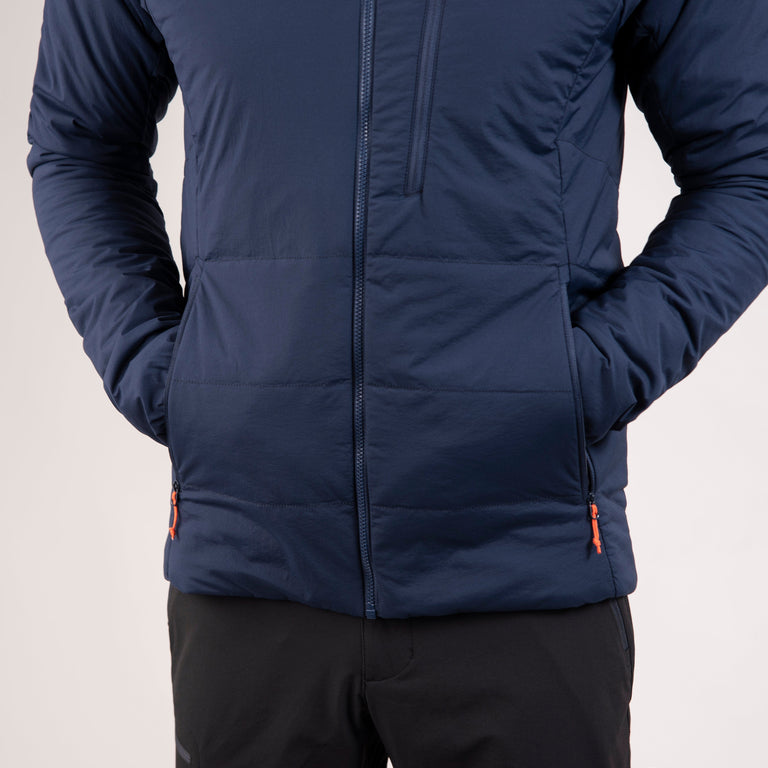 alpkit mens katabatic primaloft insulated synthetic jacket in outer space blue hand warmer pocket