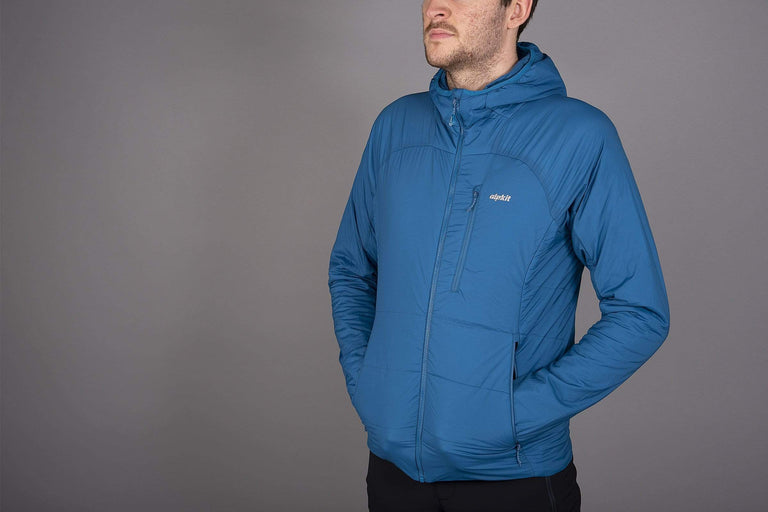 front detail of mens katabatic synthetic insulation jacket in reef