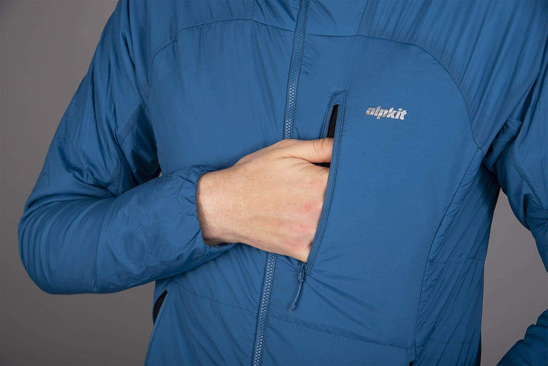 pocket detail of mens katabatic synthetic insulation jacket in reef