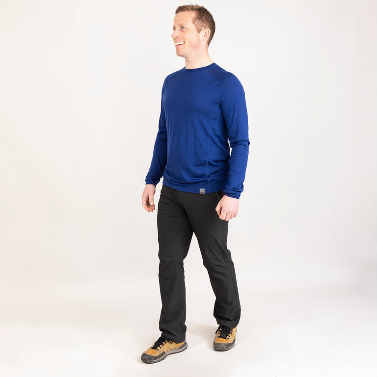 alpkit mens Kepler long sleeve merino baselayer in navy blue outfit