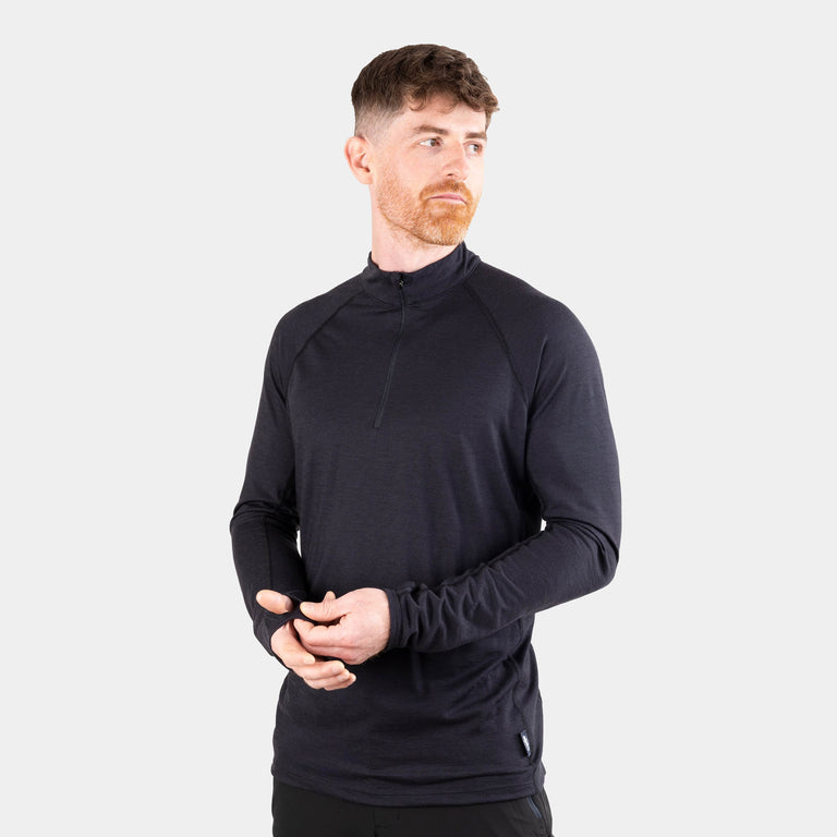 alpkit mens kepler zip top merino long sleeve baselayer in graphite black