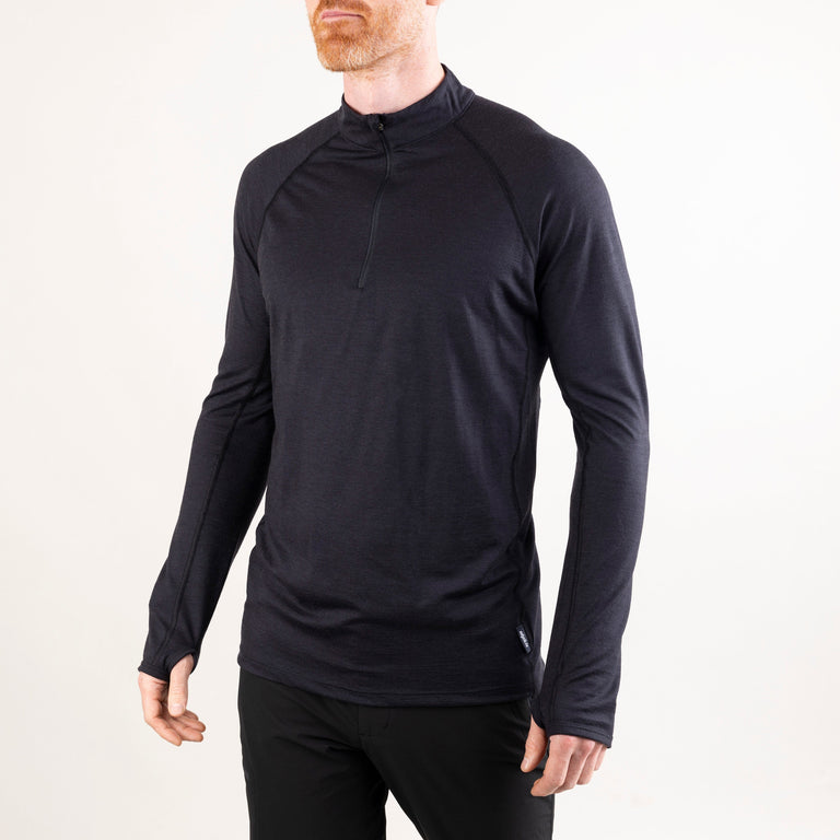 alpkit mens kepler zip top merino long sleeve baselayer in graphite black front