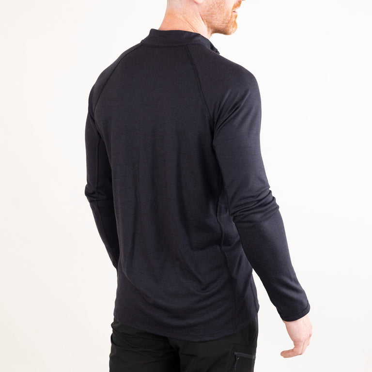 alpkit mens kepler zip top merino long sleeve baselayer in graphite black back