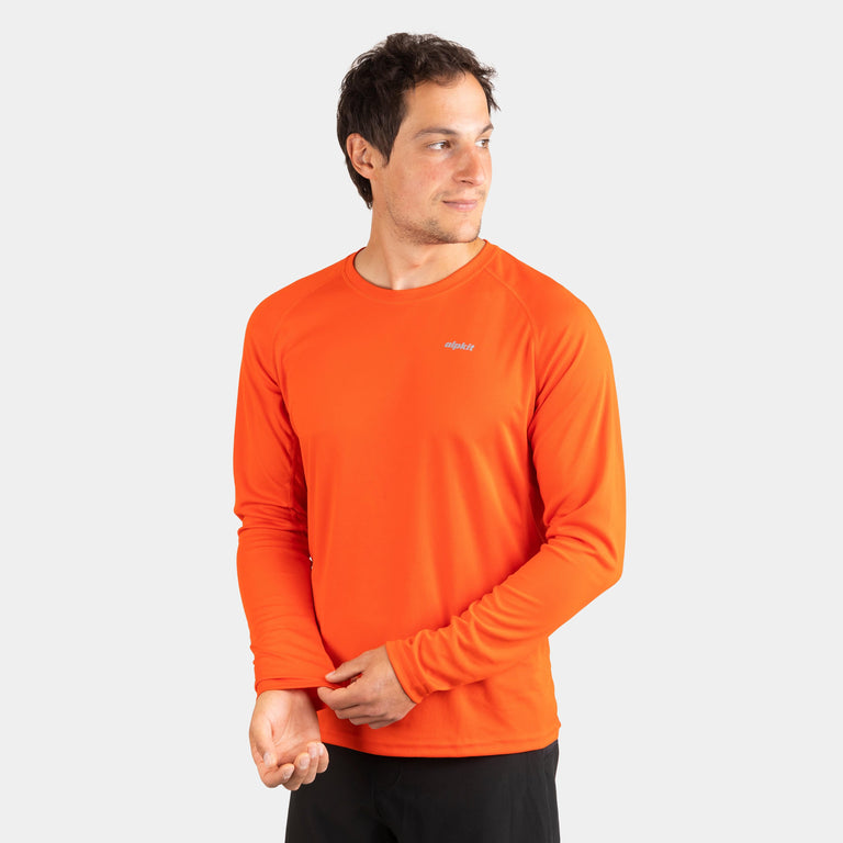 alpkit mens koulin trail tee long sleeve base layer in blaze orange