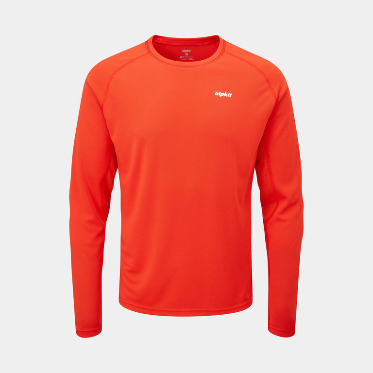 mens Alpkit Koulin trail long sleeve baselayer in blaze - closed