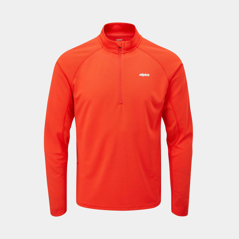 mens Alpkit Koulin trail long sleeve zip baselayer in blaze - closed