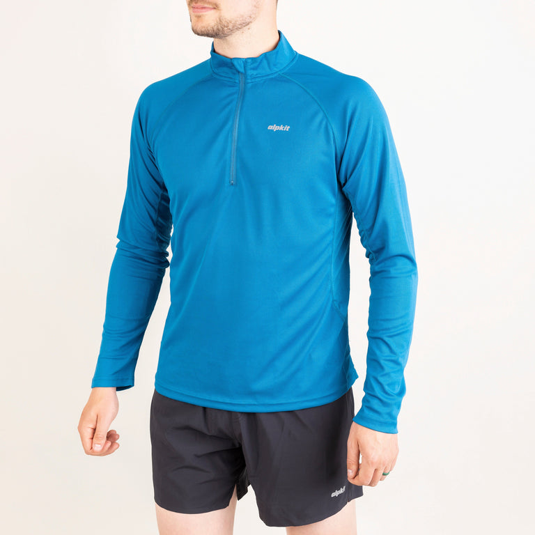 mens Alpkit Koulin trail long sleeve zip baselayer in reef blue front