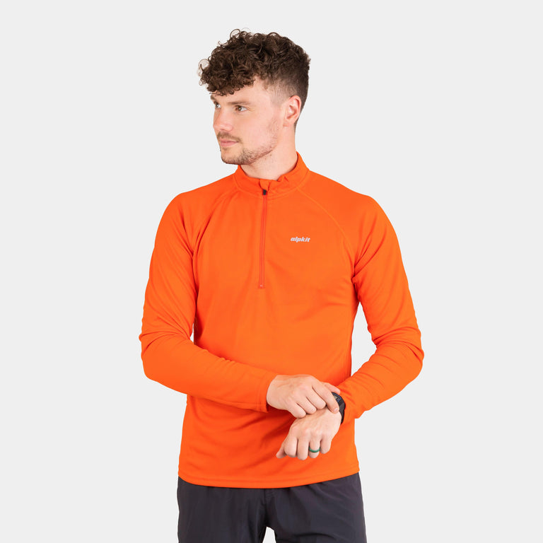 mens Alpkit Koulin trail long sleeve zip baselayer in blaze orange