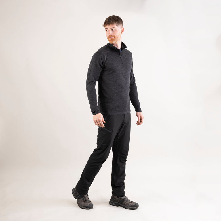 alpkit mens Milford merino mid layer in charcoal black outfit 