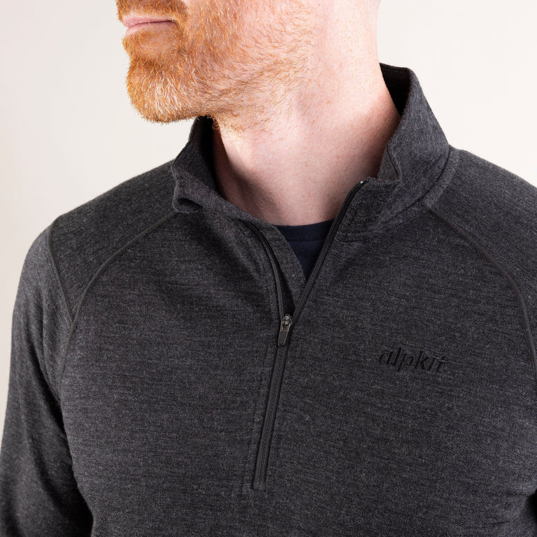 alpkit mens Milford merino mid layer in charcoal black collar