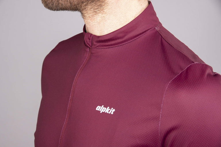 mens Alpkit rhythm elite cycling jersey in burgundy collar