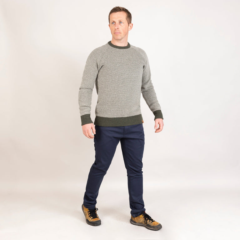 alpkit mens tryfan wool jumper in forest green outfit