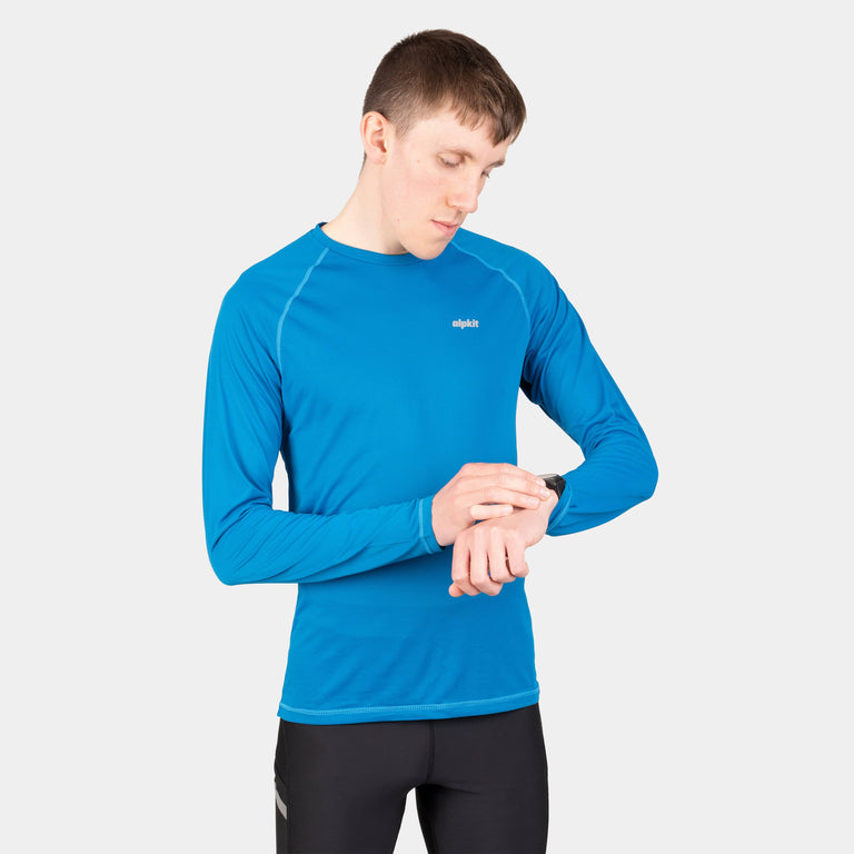 alpkit mens vayper long sleeve baselayer for trail running and fell running in reef blue