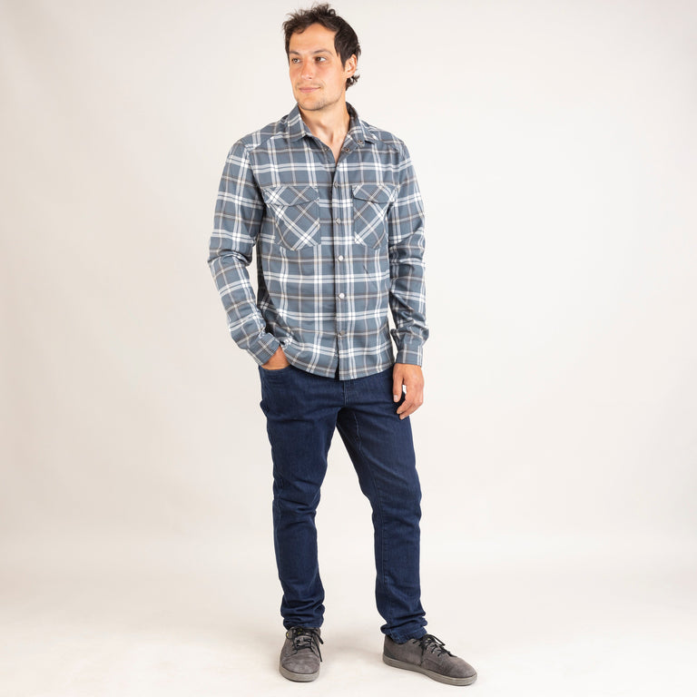 alpkit mens woodsmoke shirt in slate grey check outfit 