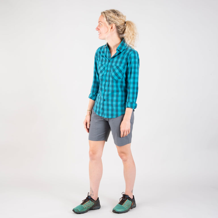 alpkit mira womens mountain shirt in surf blue outfit