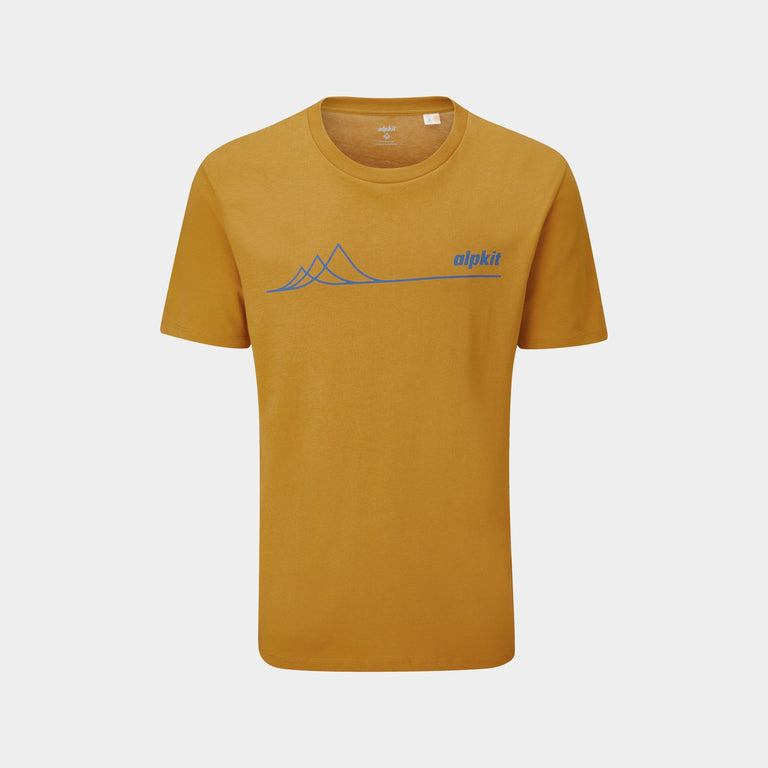 alpkit unisex mountains organic cotton tee in curcuma mustard yellow - closed