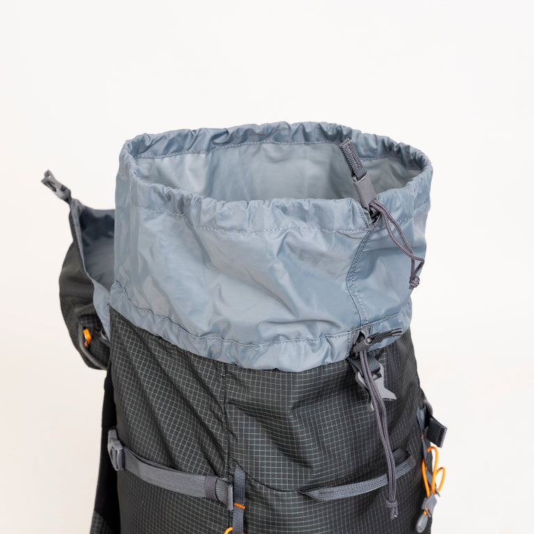 alpkit Orion 45l backpack in dark grey open