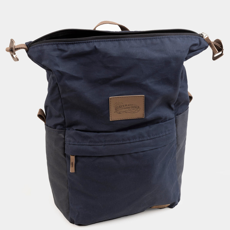 alpkit palm backpack in navy blue open - closed