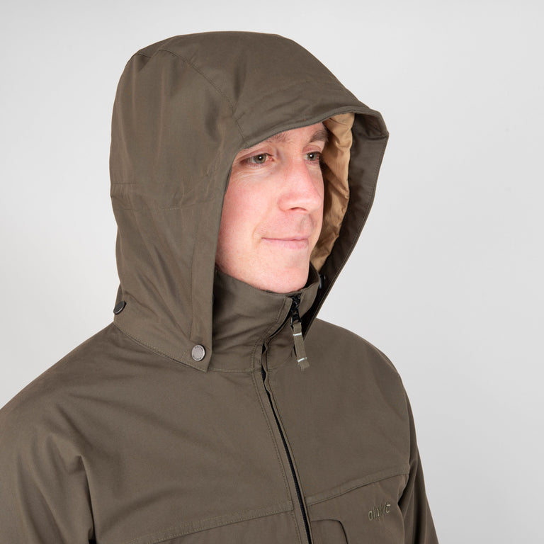 alpkit Ranger mens organic cotton ventile jacket in kelp green hood front - closed