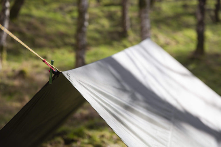 Alpkit 4 square tarp pitched - action