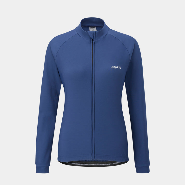 alpkit Valli womens long sleeve cycling jersey in navy blue front - closed