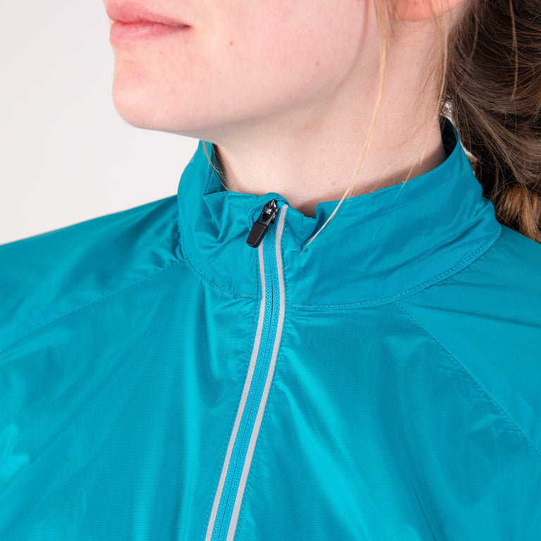 Alpkit women's Arro windproof cycling and running jacket in surf blue zip