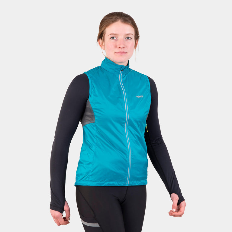 Alpkit women's Arro Vest windproof gilet in Surf blue - closed