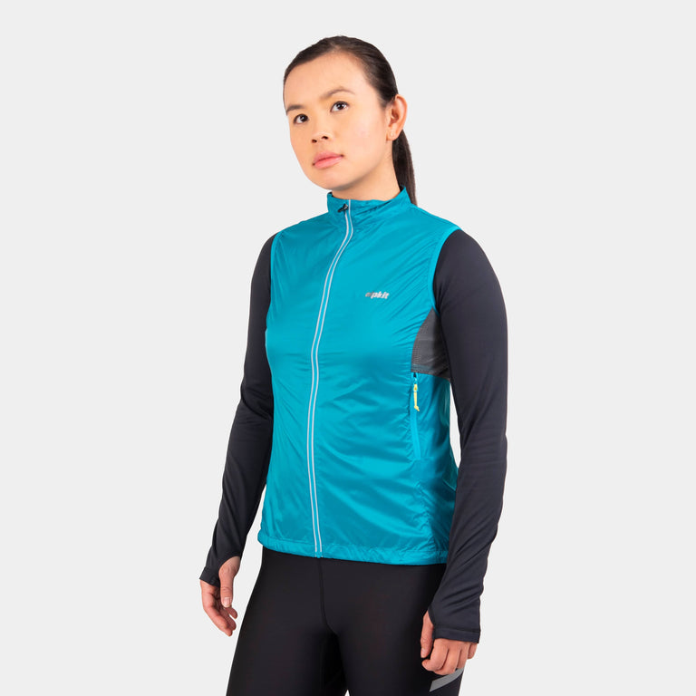 Alpkit women's Arro Vest windproof gilet in Surf blue - closed