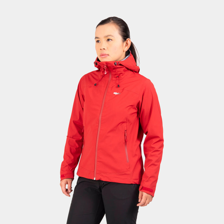 alpkit womens balance waterproof jacket in chipotle red - closed