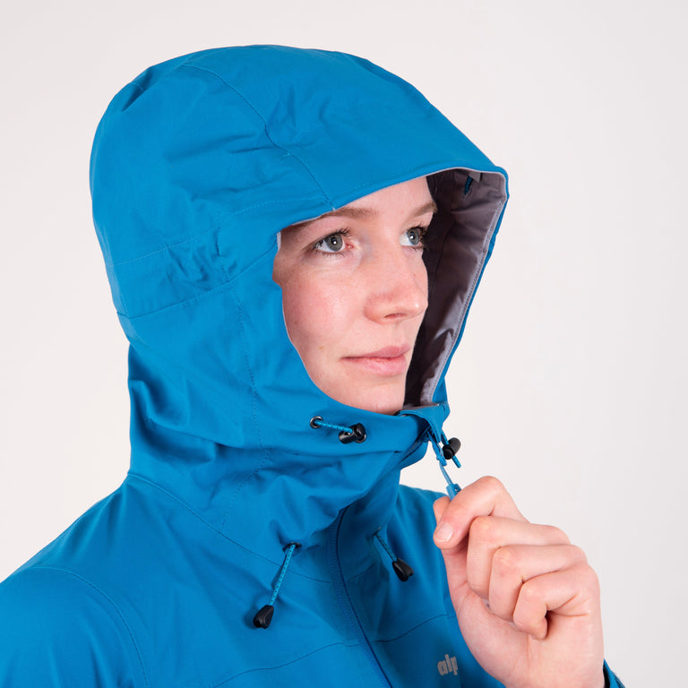 alpkit womens balance waterproof jacket in reef blue hood front