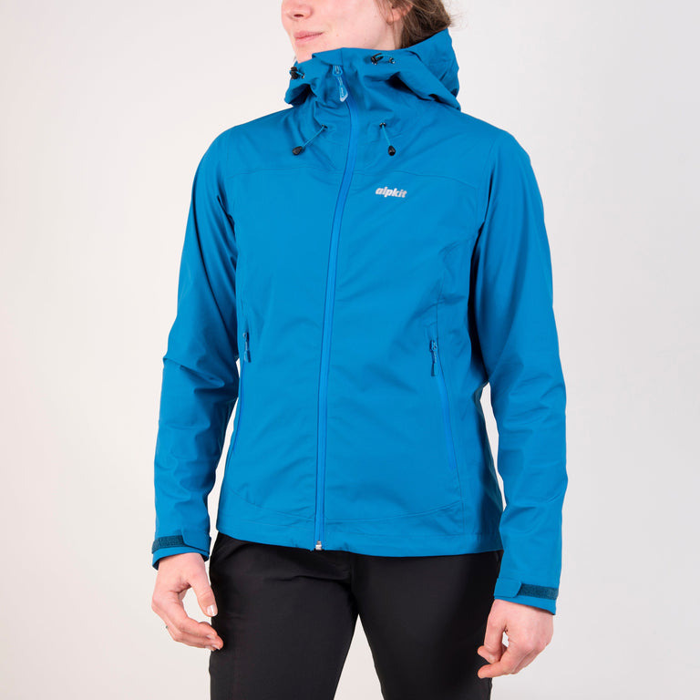 alpkit womens balance waterproof jacket in reef blue front - closed