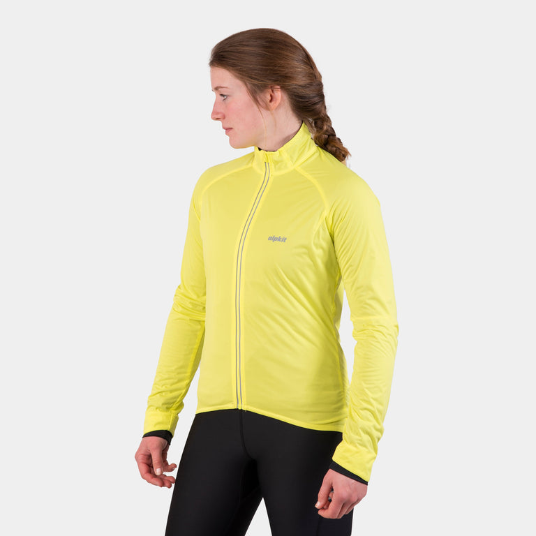 Alpkit women's Cirrus weatherproof cycling jacket in Flo Yellow - closed