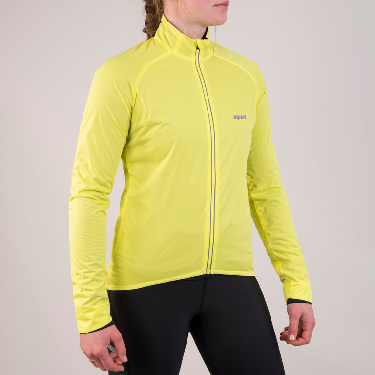 Alpkit women's Cirrus weatherproof cycling jacket in Flo Yellow front